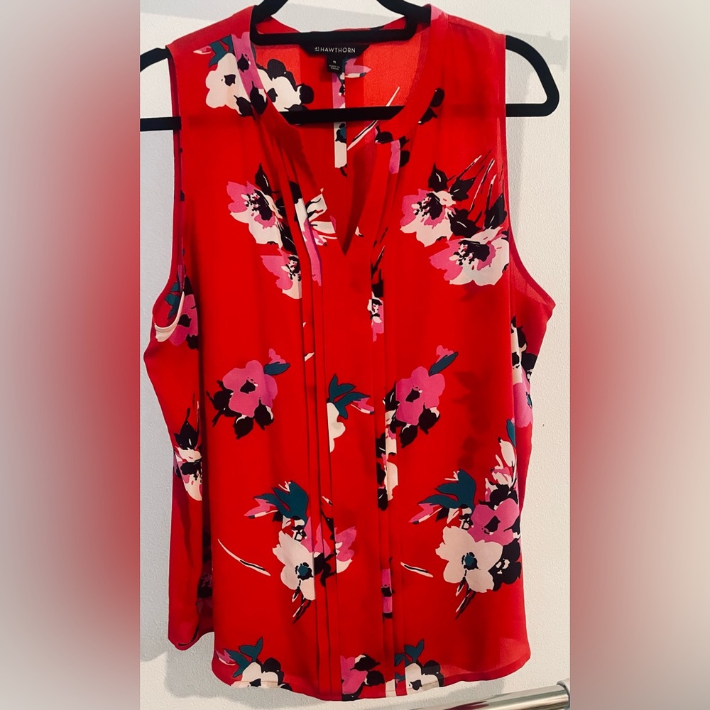 41 Hawthorn Womens Breyson Pleat Sleeveless Floral Print Top Blouse Red Size XL